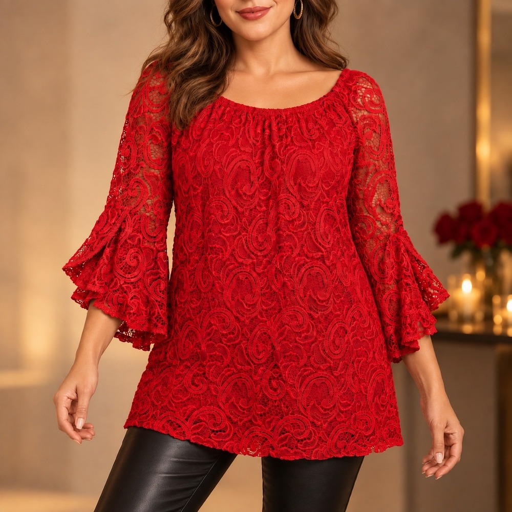 S/M 218 Win Win Red Paisley Lace Bell Sleeve Lined Boho Evening Tunic Made USA